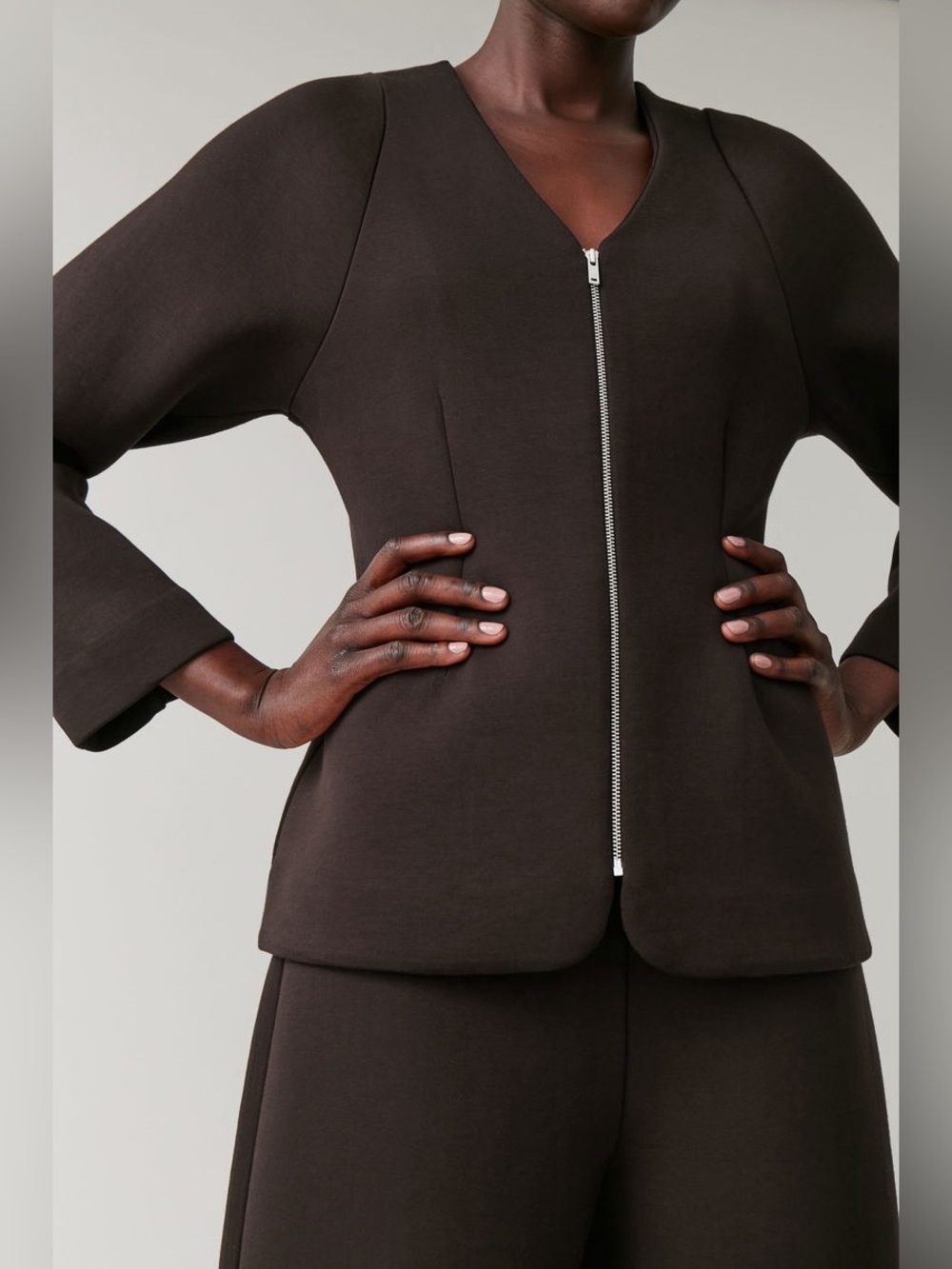 COS scuba jacket and High-Waisted pants in chocolate brown